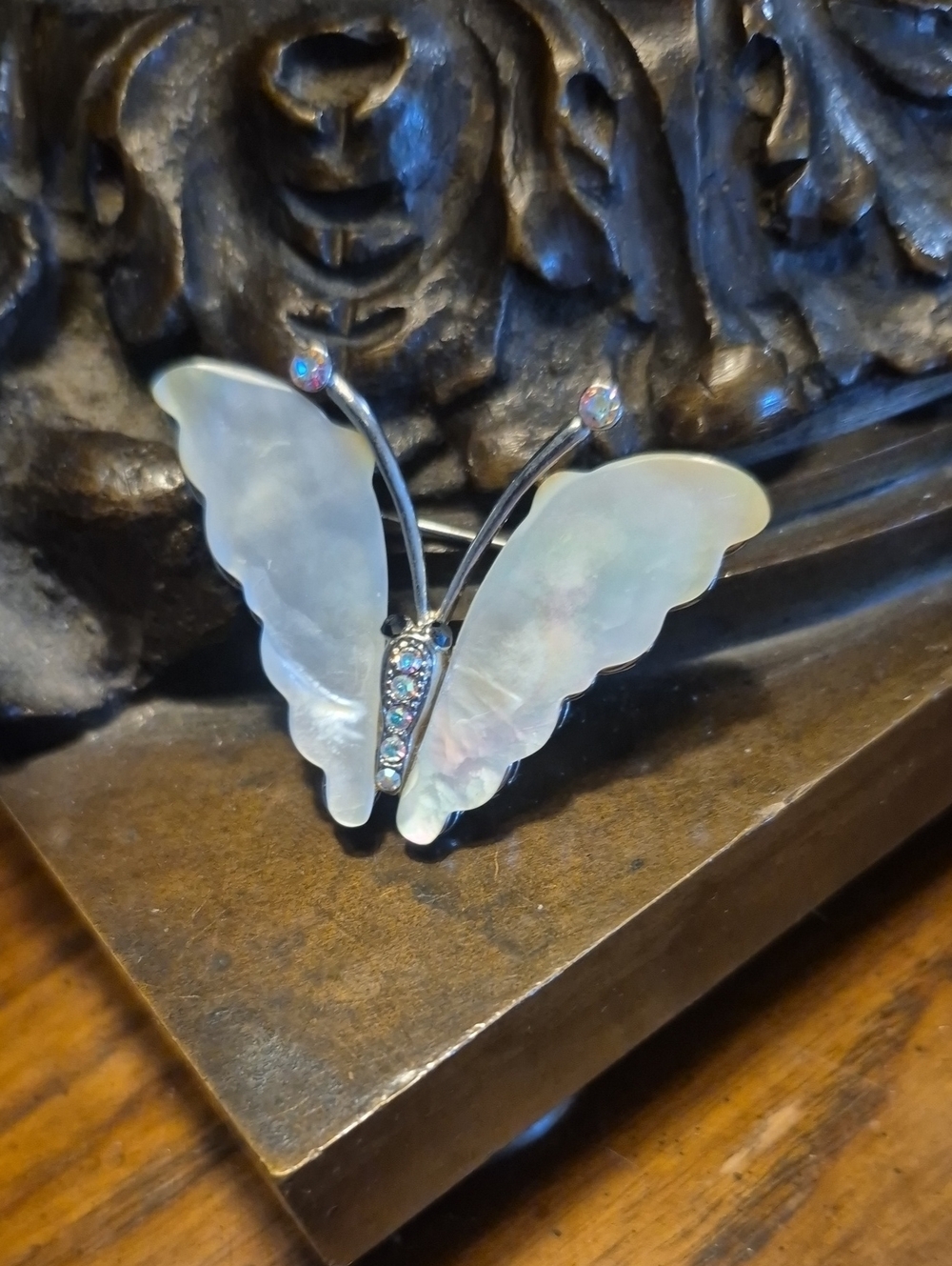 Vintage Mother of Pearl Butterfly Brooch Aurora Borealis Crystal Silver Tone